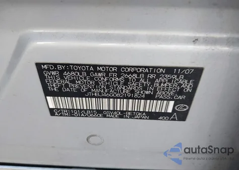 2008 Lexus Es 350 из США, поврежденный, VIN JTHBJ46G082191824